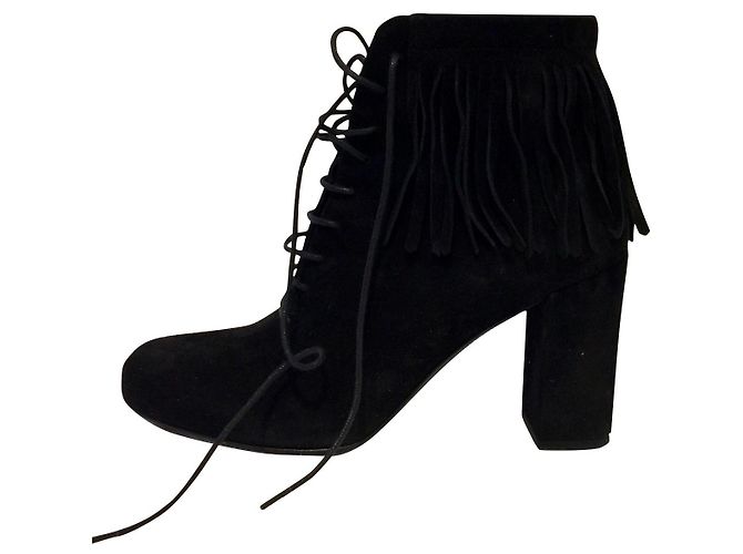 Stivaletti Saint Laurent stringati con frange Nero