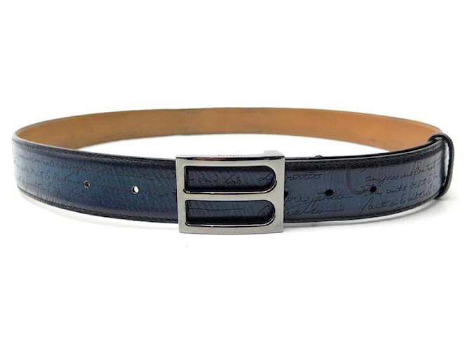 BELT BERLUTI SIZE 105 IN NAVY BLUE SCRITTO LEATHER POUCH LEATHER BELT  ref.549744