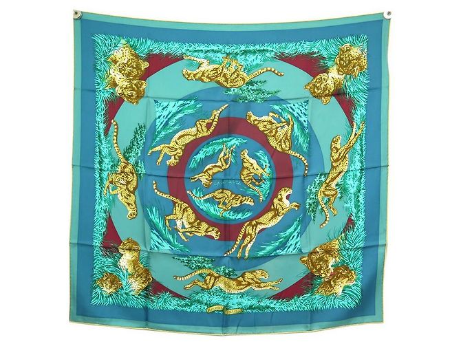 Hermès HERMES CHEEPARDS SCIARPA QUADRATA ROBERT DALLET 90 Sciarpa di seta turchese