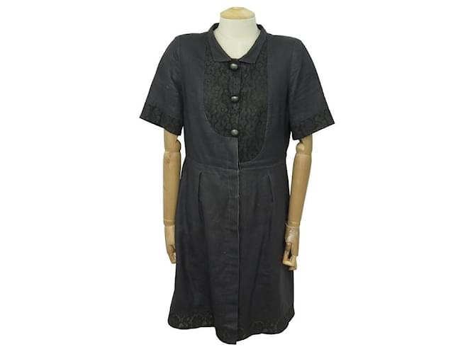 CHANEL DRESS IN LACE WITH FLOWER PATTERNS SIZE L 42 BLACK LINEN AND SILK DRESS  ref.549826