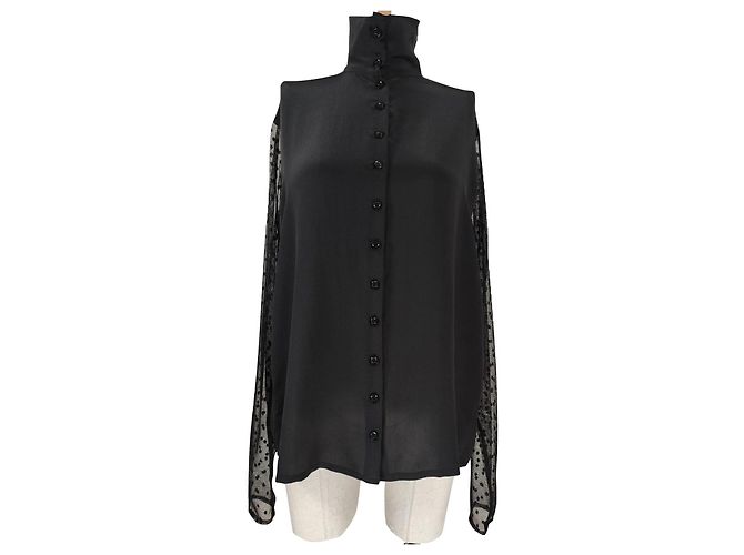 Lemaire Camicia in seta nera a pois con maniche trasparenti Nero