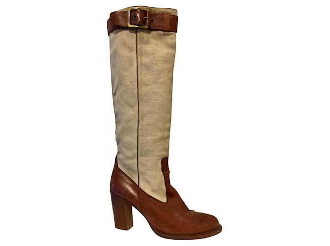 Barbara Bui leather and linen riding boots Brown Beige  ref.550636