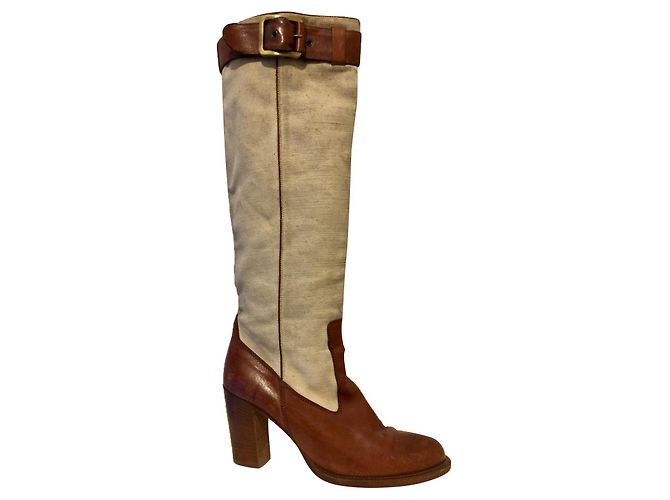 Bottes cavalières en cuir et lin Barbara Bui Marron Beige