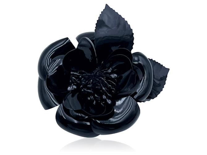 Vintage Black Plastic Camelia Camellia Flower Pin Brooch