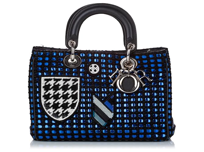 Bolso satchel Dior Lady Dior de tweed metalizado negro Azul Cuero Becerro Paño  ref.550870