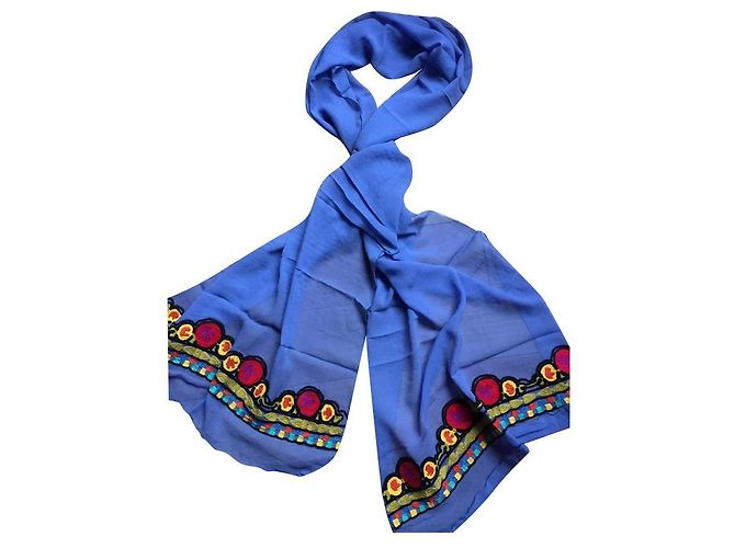Sciarpa Philippe Model in Mussola di Seta Blu con Ricami Rosso Multicolore Giallo