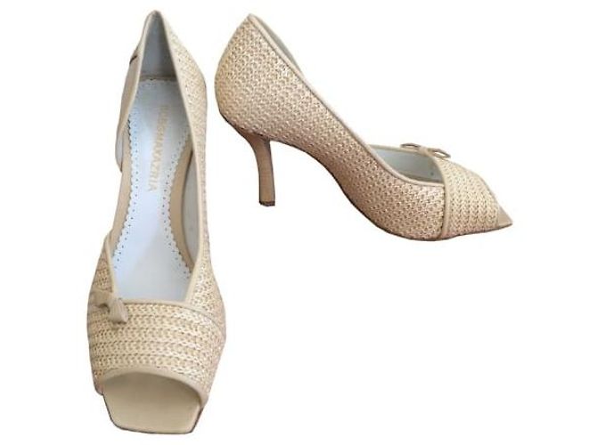 Bcbg Max Azria Open Toe Leather Raffia Pumps Beige Cream Eggshell
