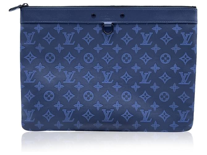Louis Vuitton Monogram Shadow Leather Pochette Discovery Clutch Bag Blue  ref.552296
