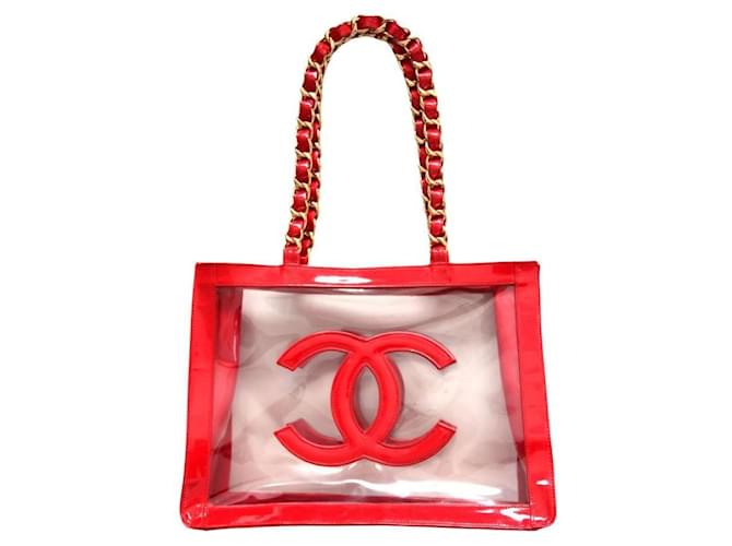 CHANEL 1995 Transparente Lackleder CC Tasche / Shopping Tote Bag  by Karl Lagerfeld Rot  ref.552904