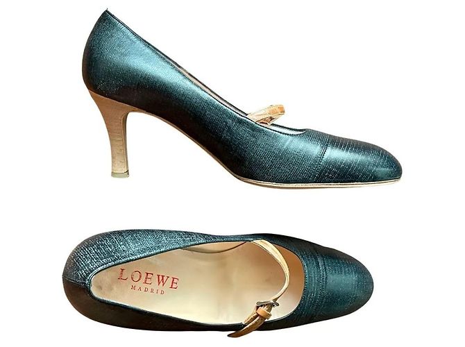 Loewe Pumps aus grauem Leder mit Holzabsatz Beige Anthrazitgrau