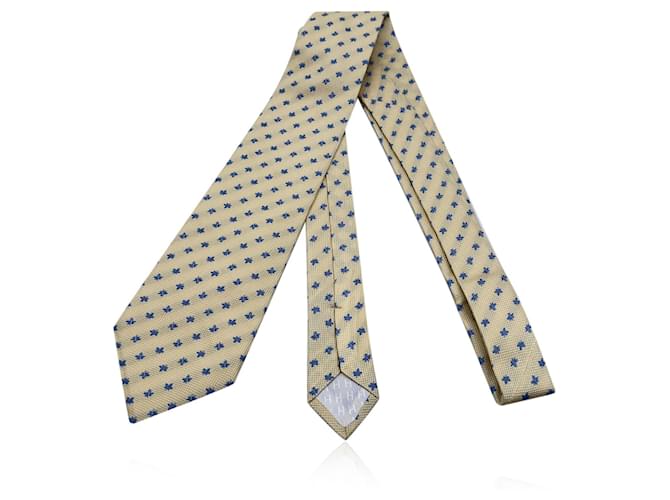 Hermès Cravatta Hermes Paris in seta gialla con piccole foglie blu con ricamo Giallo  ref.553117