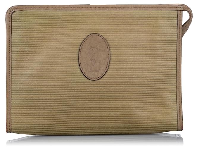 Yves Saint Laurent YSL Brown Canvas Clutch Bag Braun Beige Leder Leinwand Kalbähnliches Kalb Tuch  ref.553224