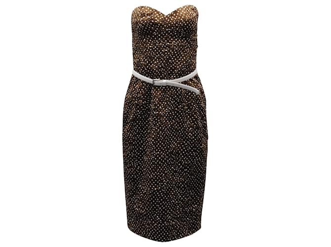 Michael Kors Polka Dot Belted Strapless Cocktail Dress in Brown/White Silk  ref.553352