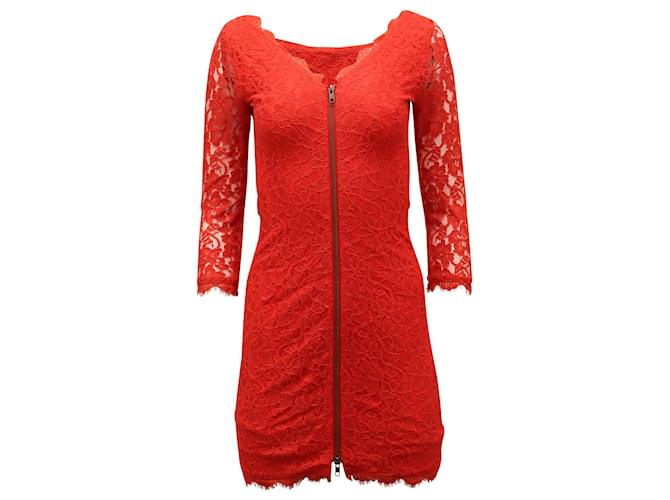 Diane Von Furstenberg Front-Zipped Mini Dress in Red Polyester and Lace  ref.553404