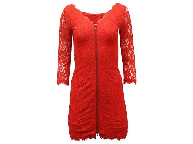 Mini abito Diane Von Furstenberg con zip frontale in poliestere rosso e pizzo