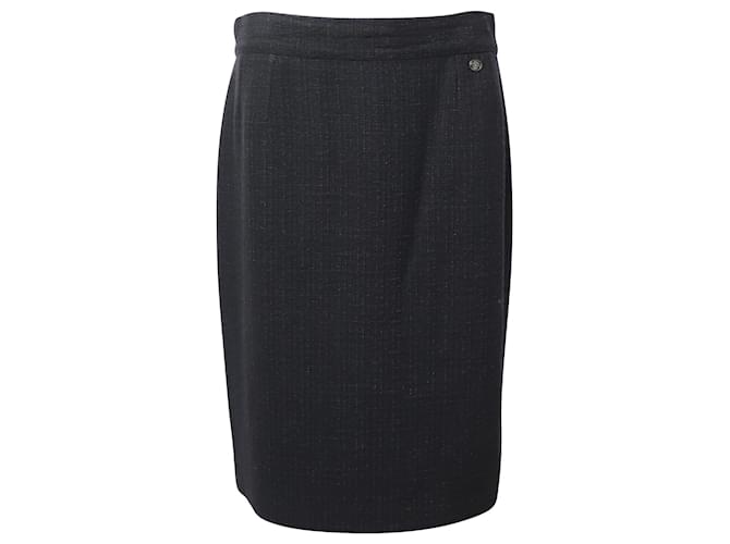 Falda lápiz Chanel con bolsillos traseros en tweed de algodón negro Lana  ref.553484