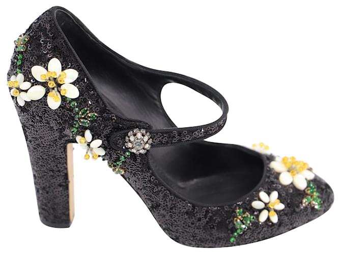 Dolce & Gabbana Escarpins à Paillettes Florales en Cuir Noir  ref.553542