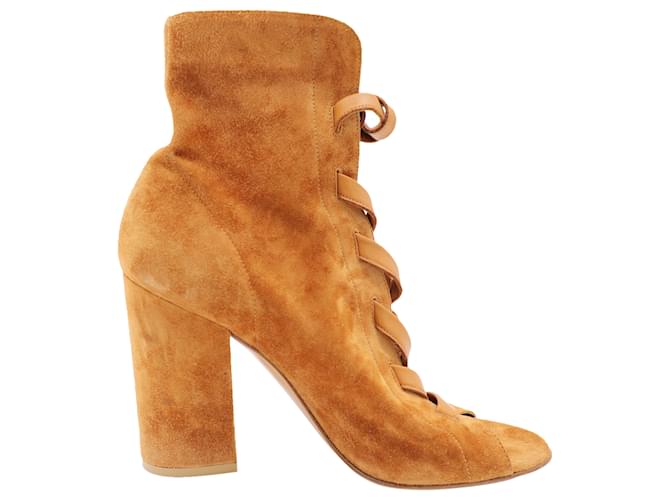 Gianvito Rossi Brooklyn Peep-Toe Ankle Boots in Brown Suede  ref.553562
