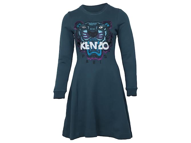Kenzo Tiger Motif Embroidered Long Sleeve Sweatshirt Dress in Teal Cotton Green  ref.553590