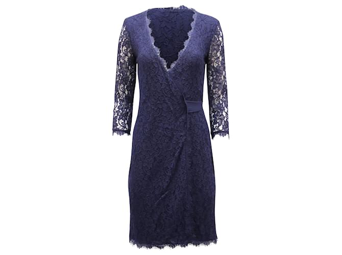 Diane Von Furstenberg Vestido Wrap em seda azul marinho e renda Raio Fibra de celulose  ref.553603