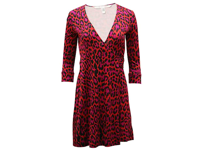 Abito a portafoglio Diane Von Furstenberg in seta rossa stampata leopardata  ref.553610