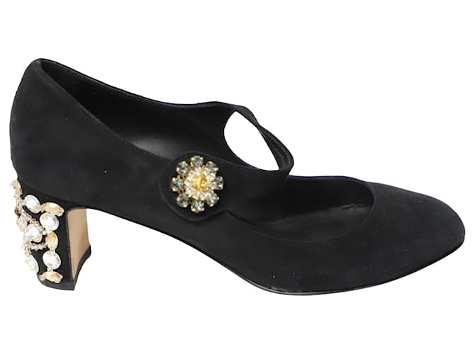 Dolce & Gabbana Zapatos de salón Mary Jane con tacón adornado con cristales en ante negro Suecia  ref.553749