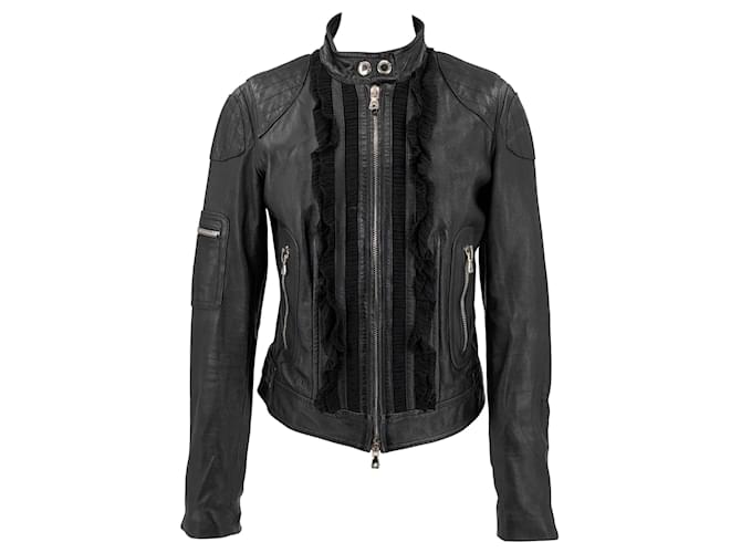 Dolce & Gabbana leather jacket in black with frilled inserts  ref.553788