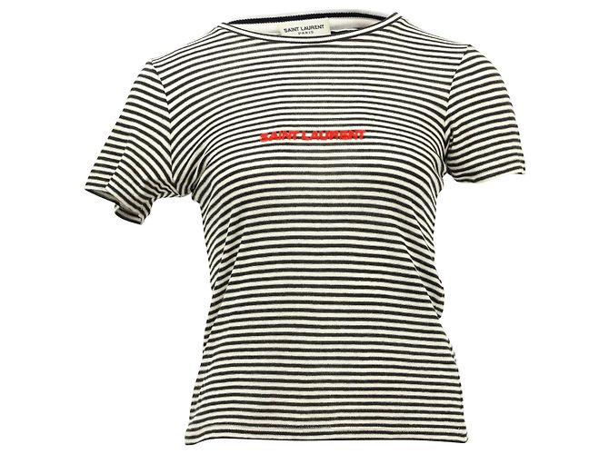 Camiseta de algodón negro con logo de rayas de Saint Laurent