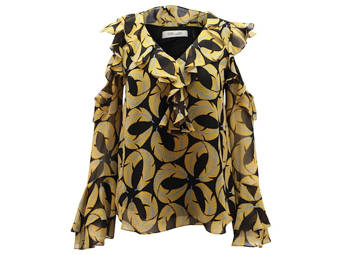 Diane Von Furstenberg Ruffled Blouse with Cut Out Shoulder Bell Sleeves in Multicolor Polyester Multiple colors  ref.553813