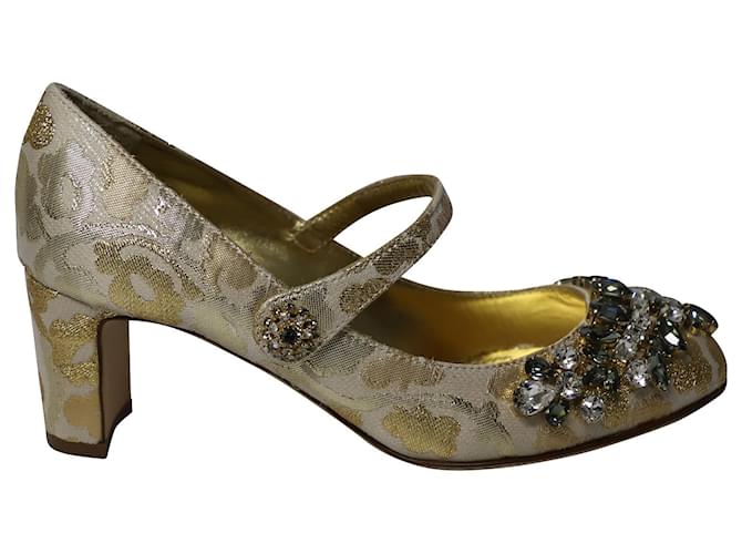 Dolce & Gabbana Zapatos Mary Jane de brocado adornados con cristales en cuero dorado  ref.553816
