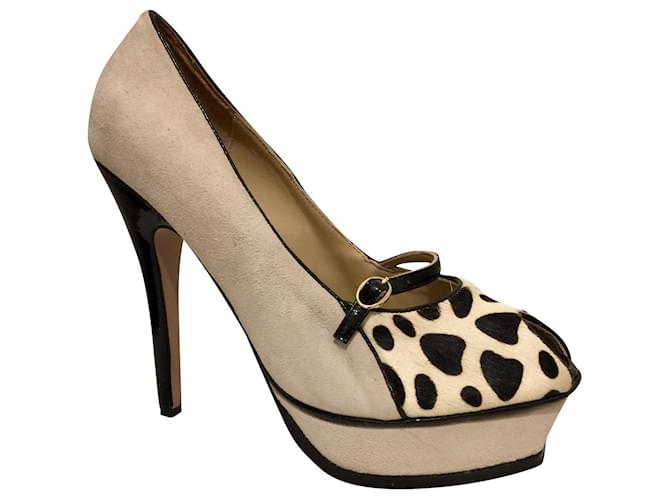 Yves Saint Laurent YSL Tribute peeptoe Mary Janes Black White Cream Suede Patent leather Pony-style calfskin  ref.554088