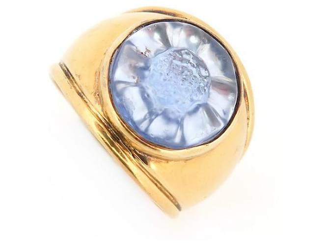VINTAGE RING LALIQUE T55 GOLDEN PLATE & PEONY FLOWER IN BLUE CRYSTAL RING Gold-plated  ref.555197