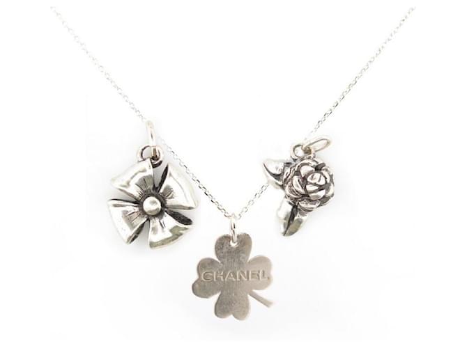 LOT 2 CHANEL CLOVER & BAMBI DEER CHARM PENDANTS + SILVER NECKLACE