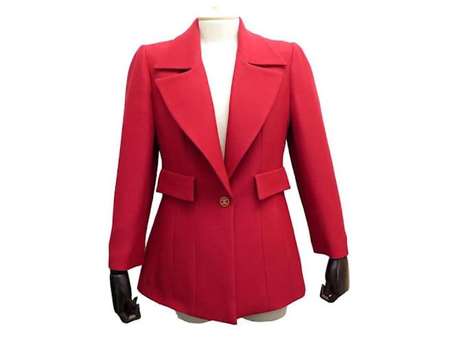 CHANEL CHAQUETA BLAZER BOTÓN LOGO CC M 40 CHALECO DE LANA ROJO Roja  ref.555323