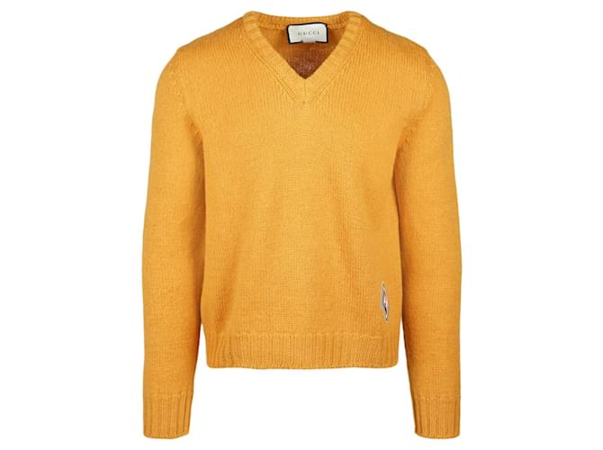 Suéter con parche y cuello en V de Gucci Amarillo Lana  ref.555604