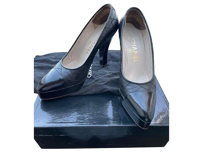 Cambon Chanel Platform Heels Black Leather 36.5