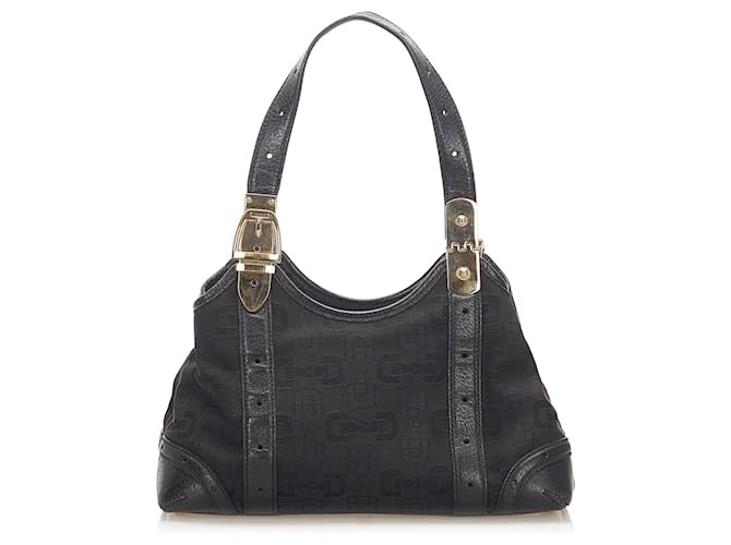 Gucci Black Horsebit Canvas Shoulder Bag Leather Cloth Pony-style calfskin Cloth  ref.557276