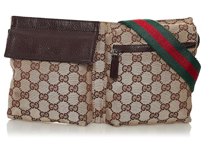 Gucci Brown GG Canvas Web Belt Bag Beige Dark brown Leather Cloth Pony-style calfskin Cloth  ref.557305