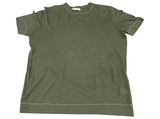 Brunello Cucinelli Pull style t-shirt avec surpiqûres contrastées en lin vert  ref.557508