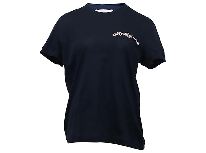 T-shirt in cotone blu navy ricamata con logo Alexander McQueen  ref.557603