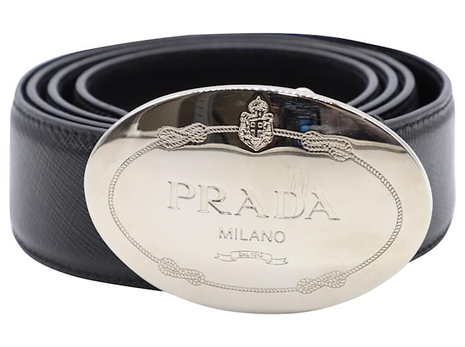 Prada Savoia Oval Buckle in Silver Metal and Black Leather  ref.557604