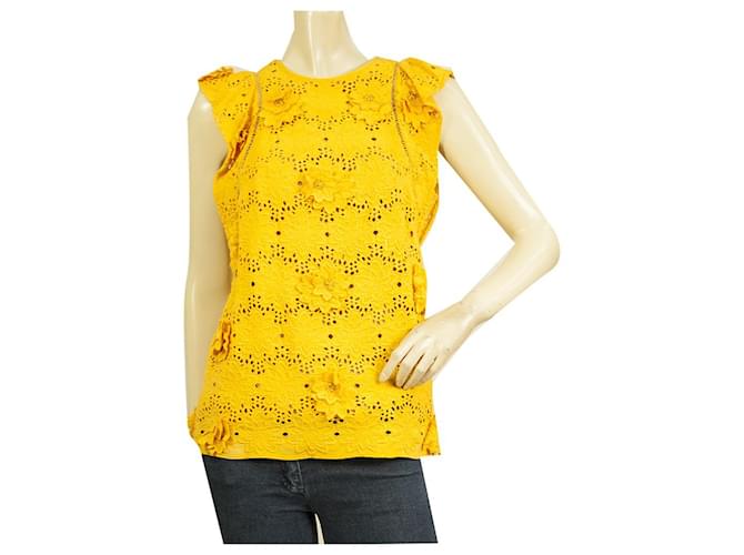 Michael by Michael Kors Yellow Silk Floral Embroidery Ruffles Top Blouse size 2  ref.558015
