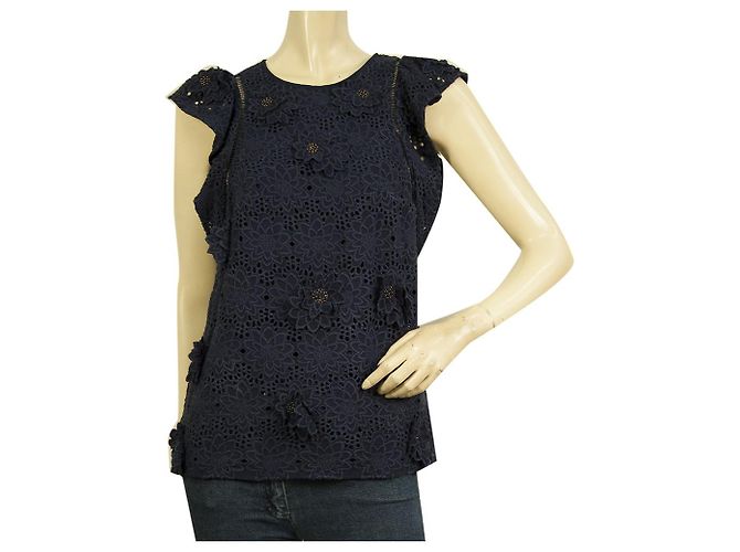 Michael by Michael Kors Blue Silk Blumenstickerei Rüschen Top Blusengröße 2 Blau