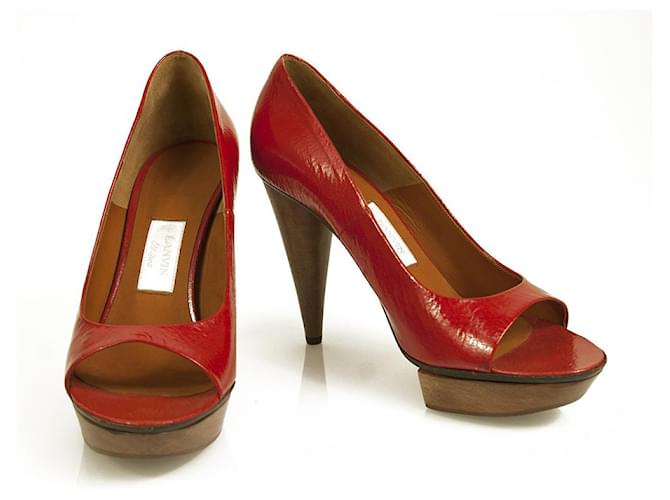 Lanvin cuir verni rouge talon en bois plate-forme Peep Toe pompes chaussures taille 40  ref.558033