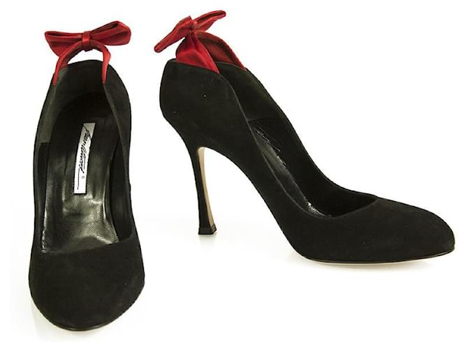 Brian Atwood Black Suede Red Satin Bow Classic Pumps Heels Shoes - Size 40  ref.558063