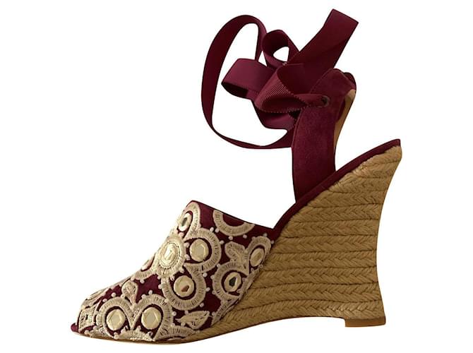 Tory Burch Wedge Espadrille with embroideries Dark red Suede  ref.558128
