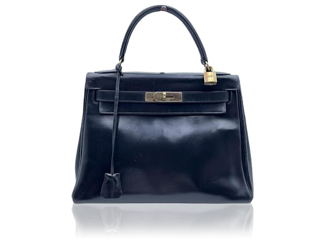 Hermès Hermes Vintage schwarzes Leder Kelly 28 Box Calf Bag Handtasche  ref.558333