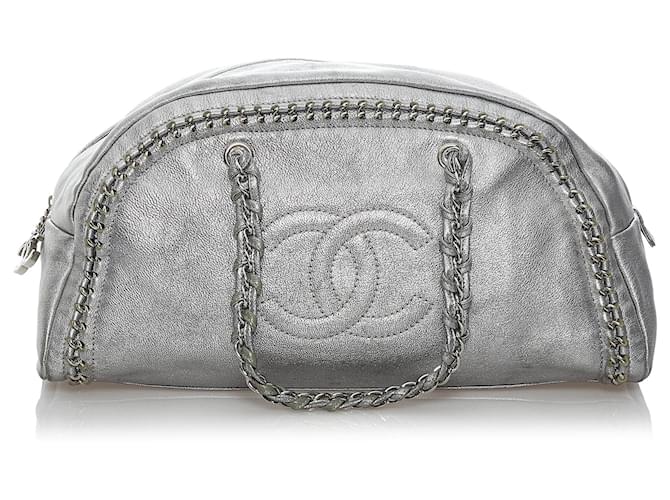 Chanel Silver Luxe Ligne Leather Handbag Silvery Metal Pony-style