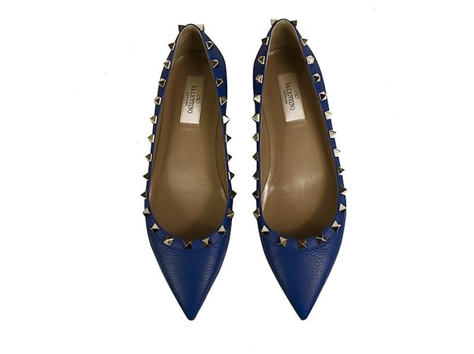 Valentino Garavani Electric Blue Rockstud textured-leather point-toe flats ref.558884 - Joli Closet