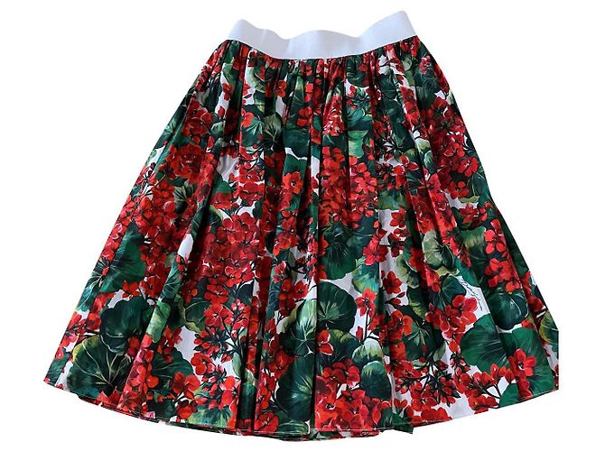 Dolce & Gabbana Falda Midi Floral Roja de Algodón